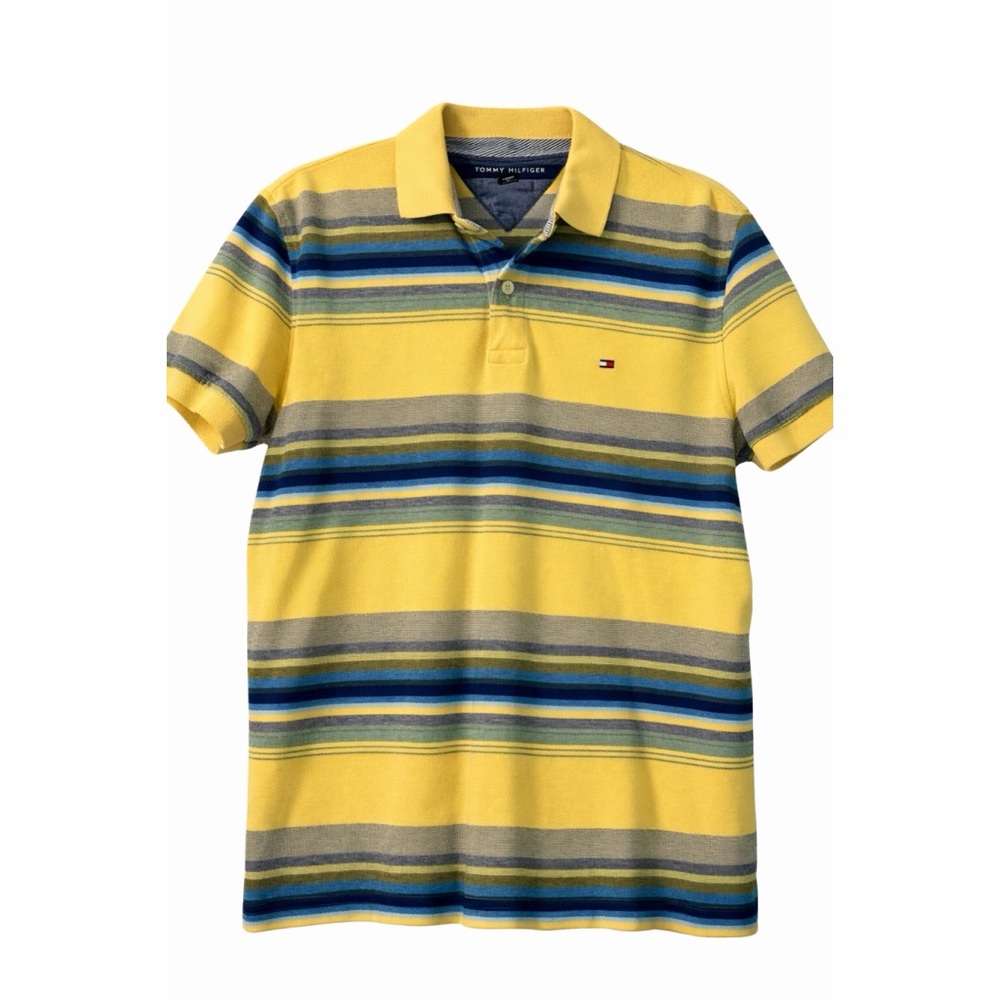 Tommy Hilfiger Yellow Blue Striped Polo Shirt Men’s L Spring Classic